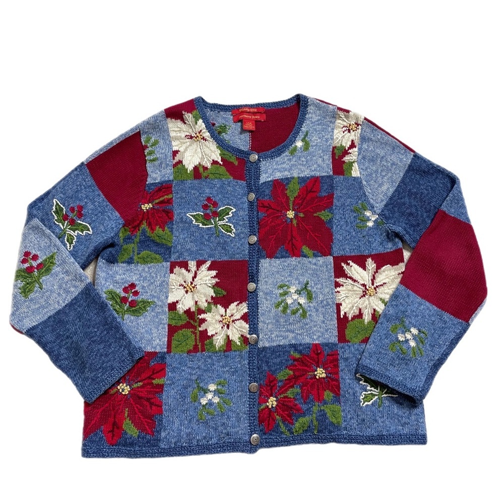 VTG Christmas Holiday Poinsettia Patchwork Cardigan L Y2K